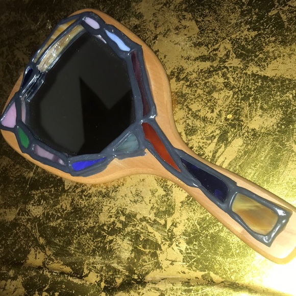 Unique Hand Mirror Wood W/Stained Glass Trim - Picture 3 of 12